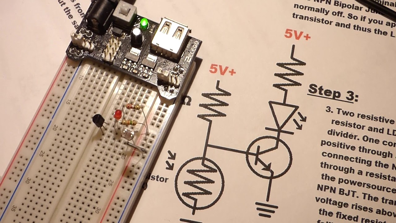 Step by step build photoresistor LDR NPN BJT 2N3904 light controlled switch circuit by electronzap