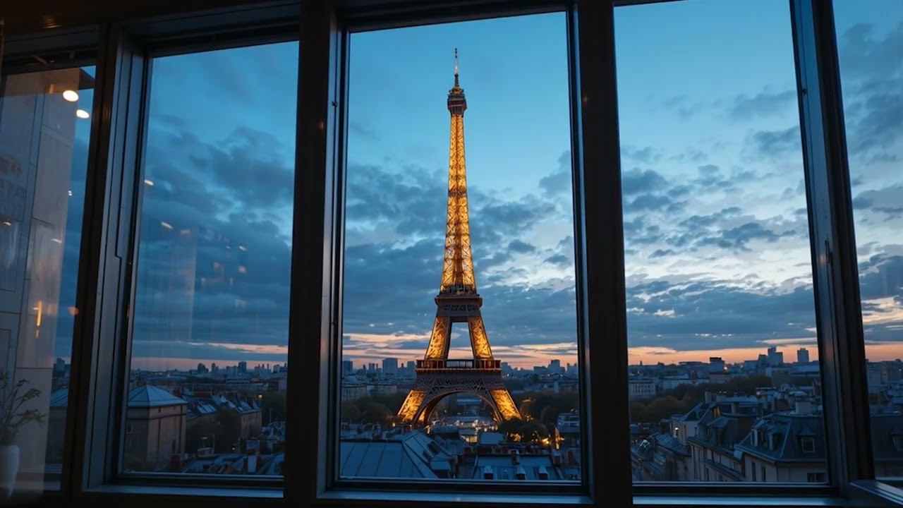 4K Paris Eiffel Tower Window at Sunset - Relaxing City Sounds for Study, Sleep & Focus
