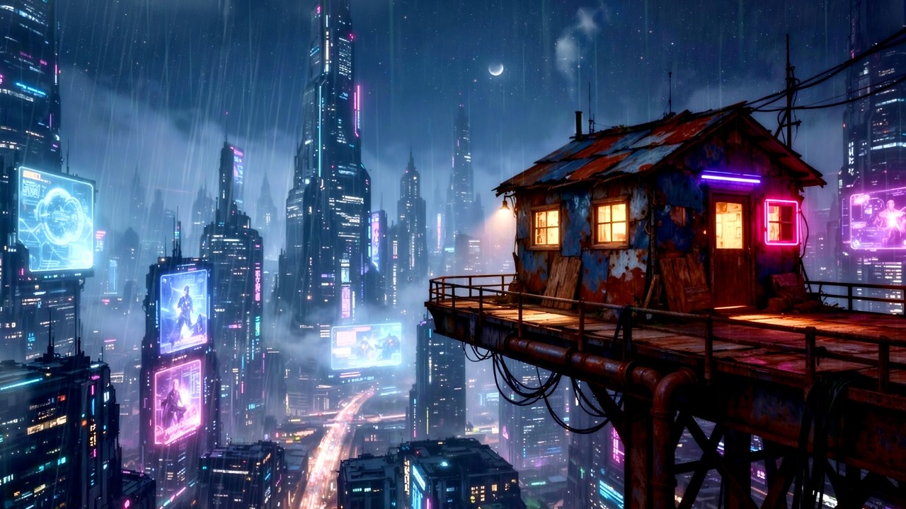 Cyberpunk Rooftop Cabin 🌧️ Rainy Neon City Night Ambience | Cozy Hideout Above the Megacity