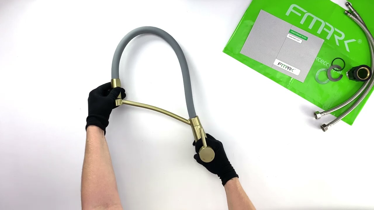 Смеситель для кухни Fmark FS8255C-04 матовое золото с серым изливом