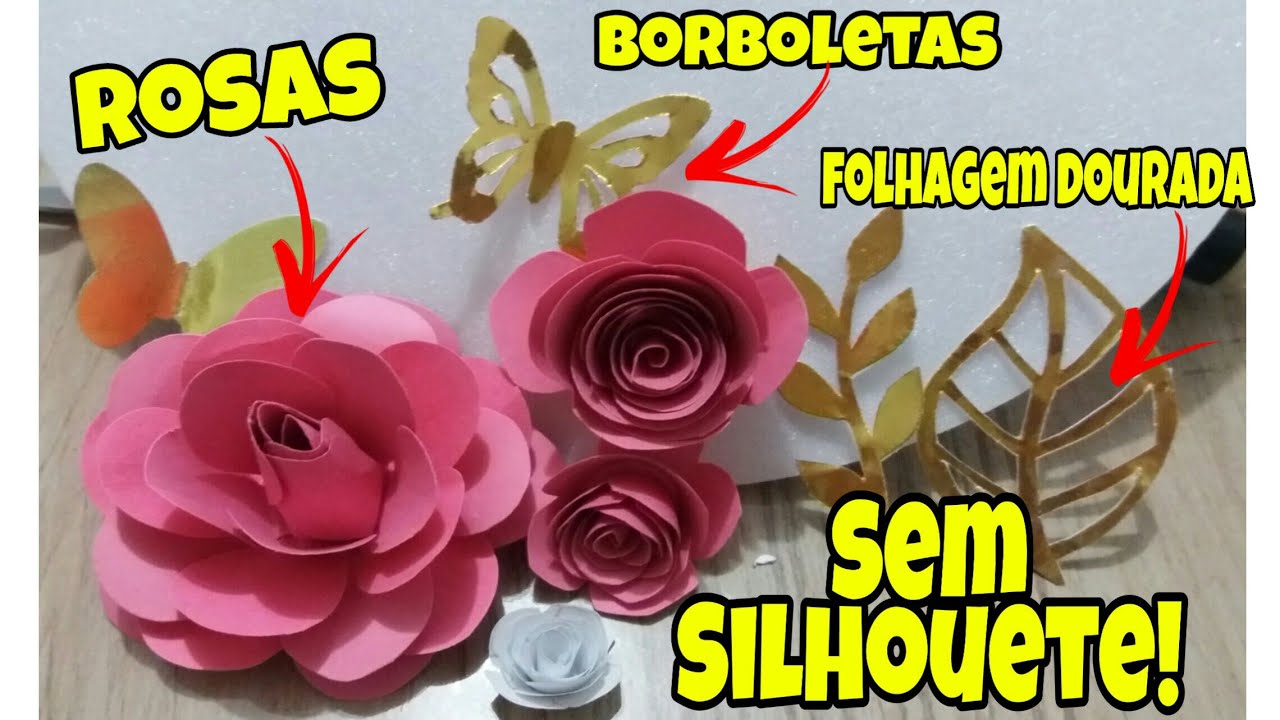 Flores de papel e folhas douradas SEM SILHOUETE | Topo de bolo dourado sem Silhouete