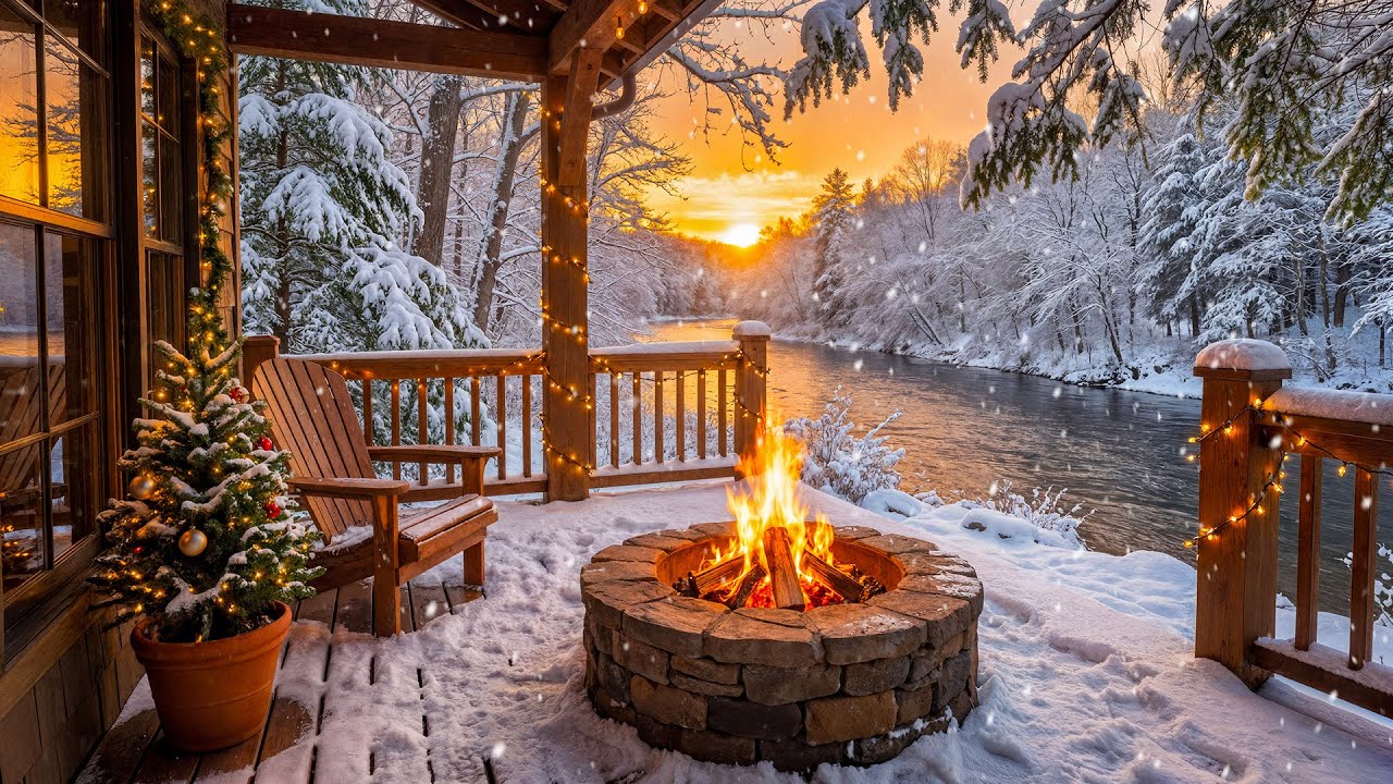 Tranquil Christmas Riverside Cabin Porch at Sunset 🎄🔥 Warm Fire Pit, Winter Nature Sounds & Snow
