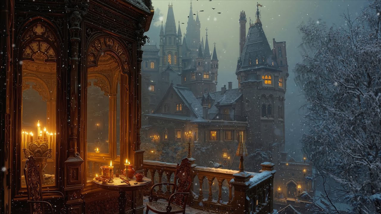 Snowfall at an Ancient Gothic Manor Balcony | Natural Sounds for Slow Evenings & Reading