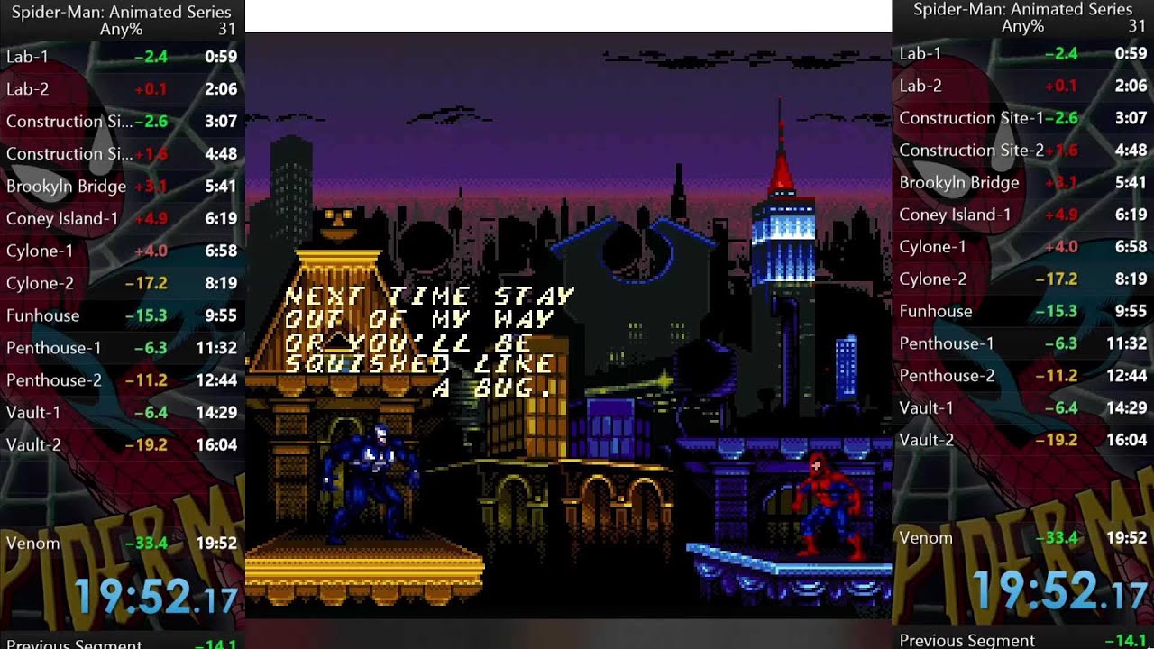 Spider-Man: the Animated Series (1995, SNES) Any% Speedrun in 19:52