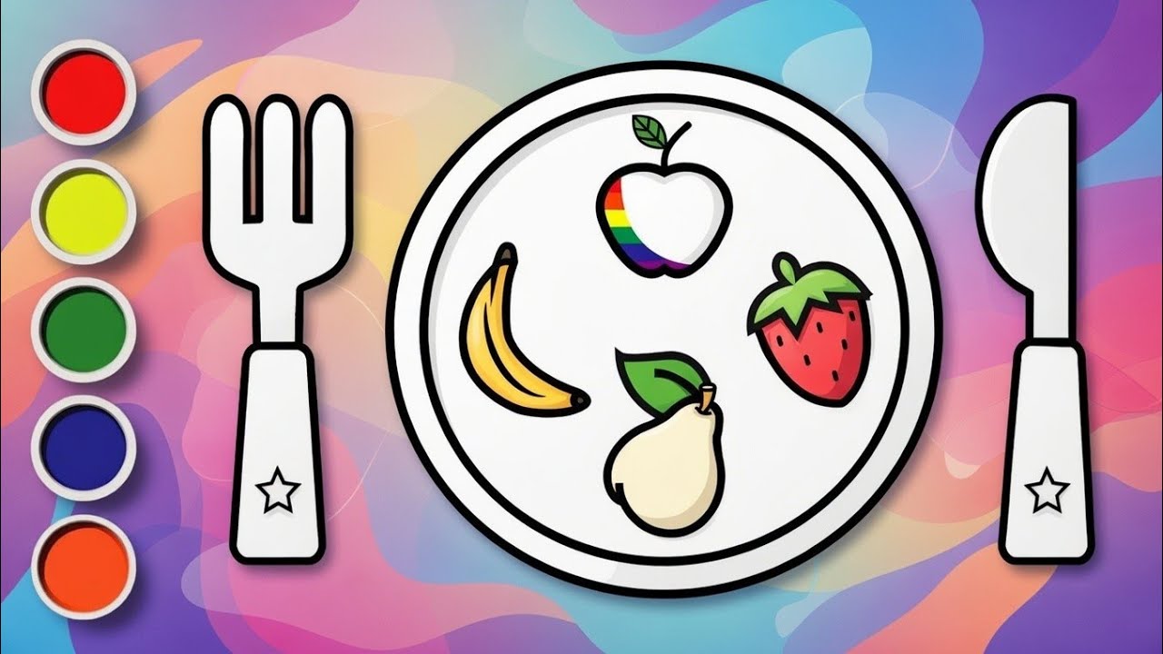 Fruit Plate Drawing and Coloring for Kids | Easy Fruit Coloring Page
