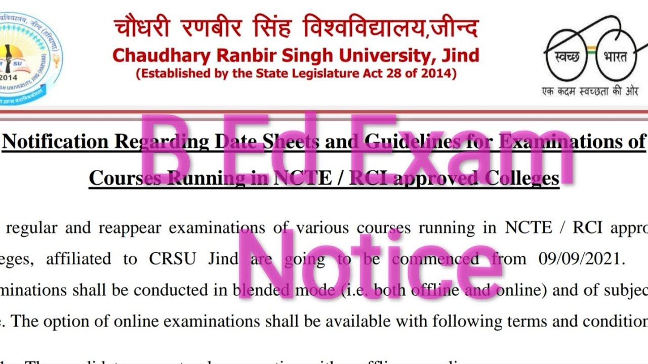 B Ed Exam Notification CRSU, Jind