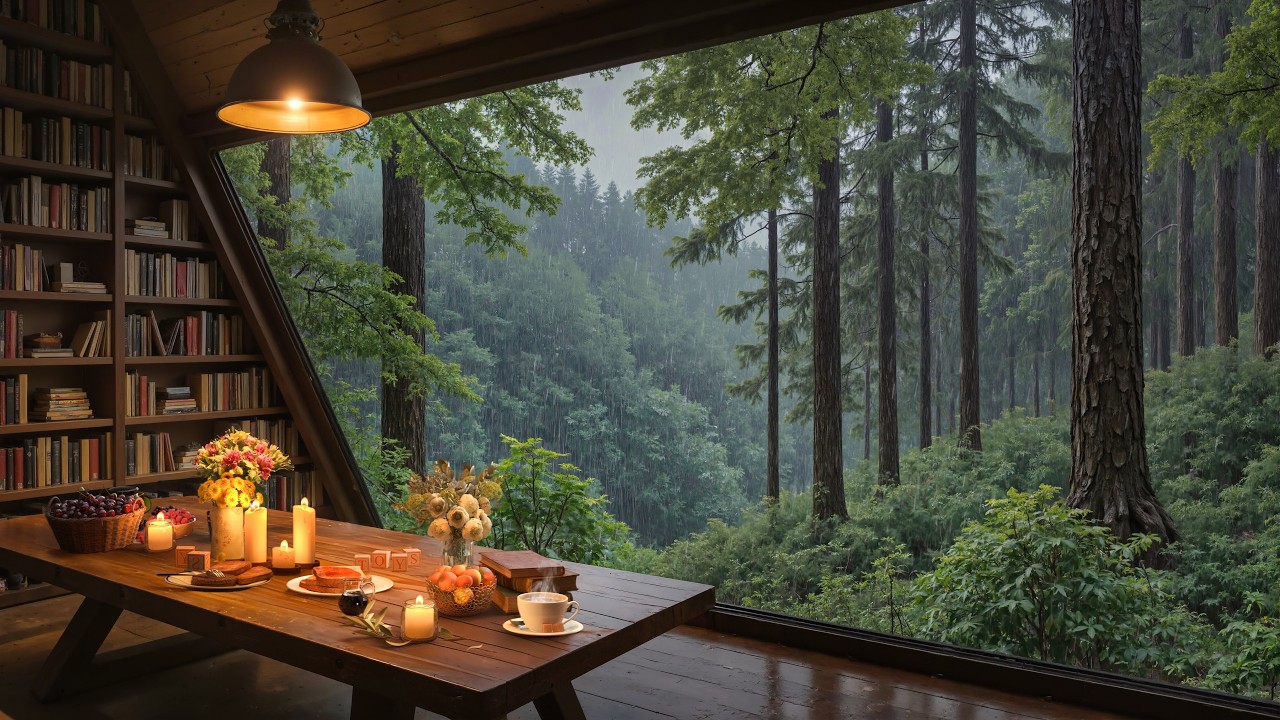 Rain Falling in a Cozy Forest Cabin 🌧️ Smooth Jazz Music for Study, Work & Calm Moments