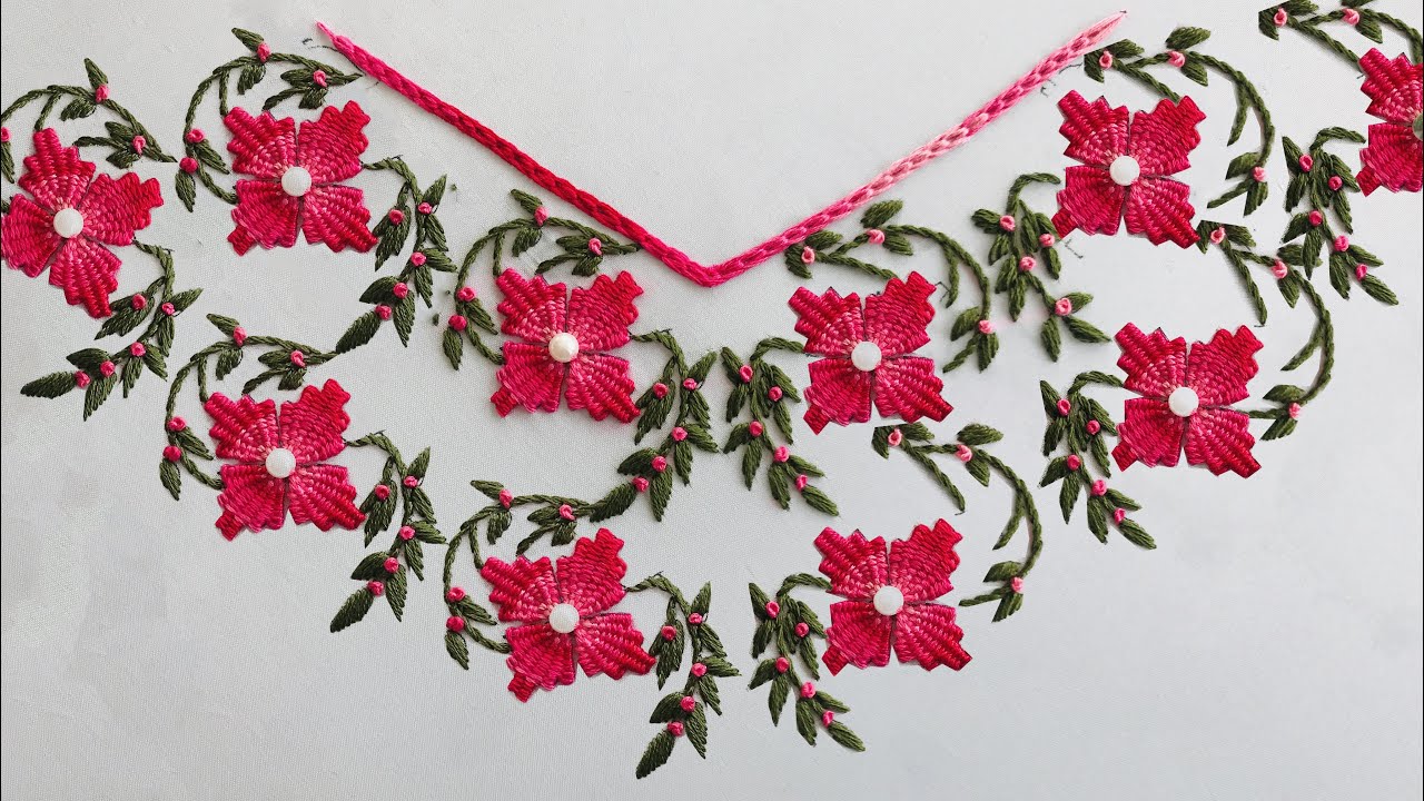 Hand Embroidery: Kadai Kamal Neckline Embroidery - Border Embroidery