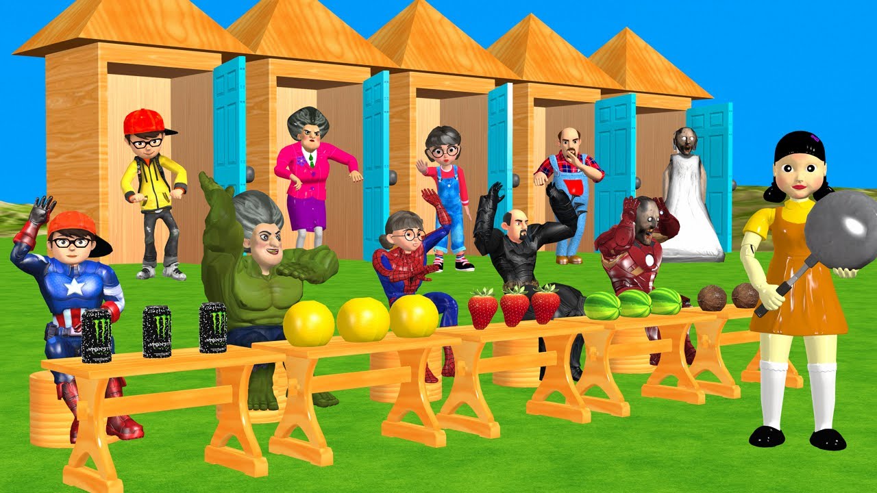 Scary Teacher 3D Vs Squid Game Nick And Tani Hero Costume Challenge And Fruit Crush Granny Loser