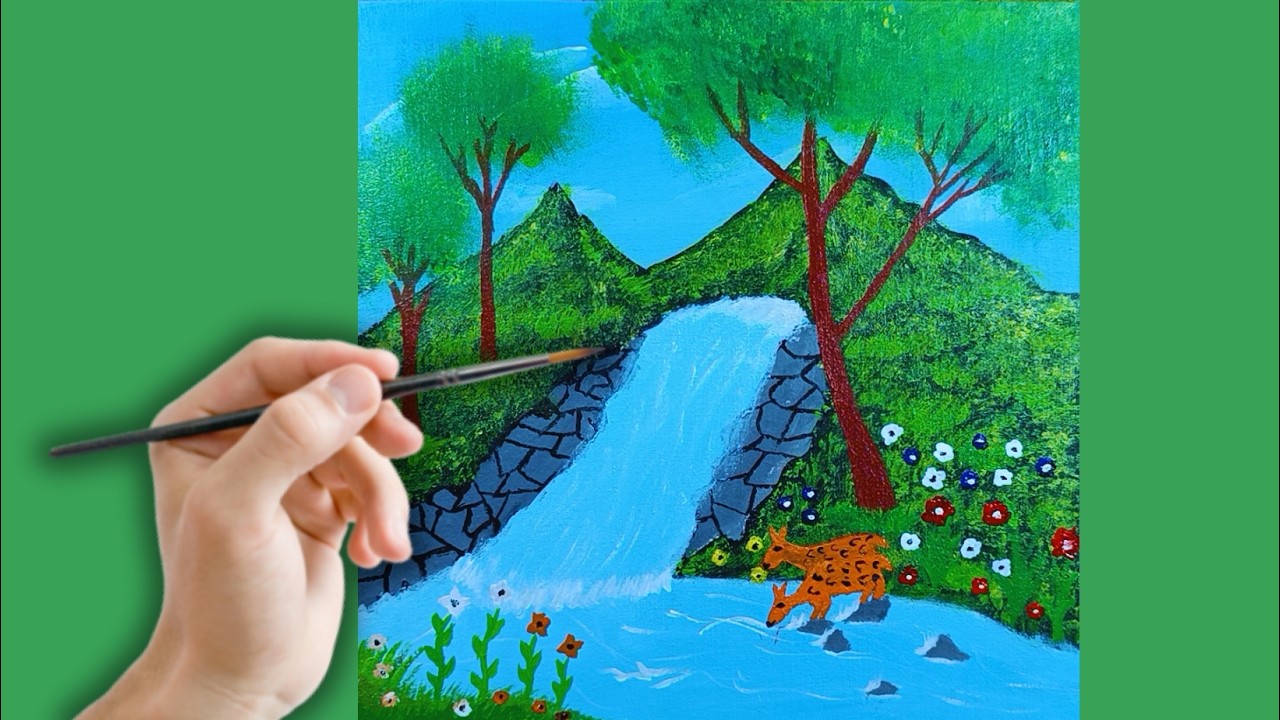 Beautiful Nature Scenery with Waterfall, Trees and Deer  Acrylic Painting