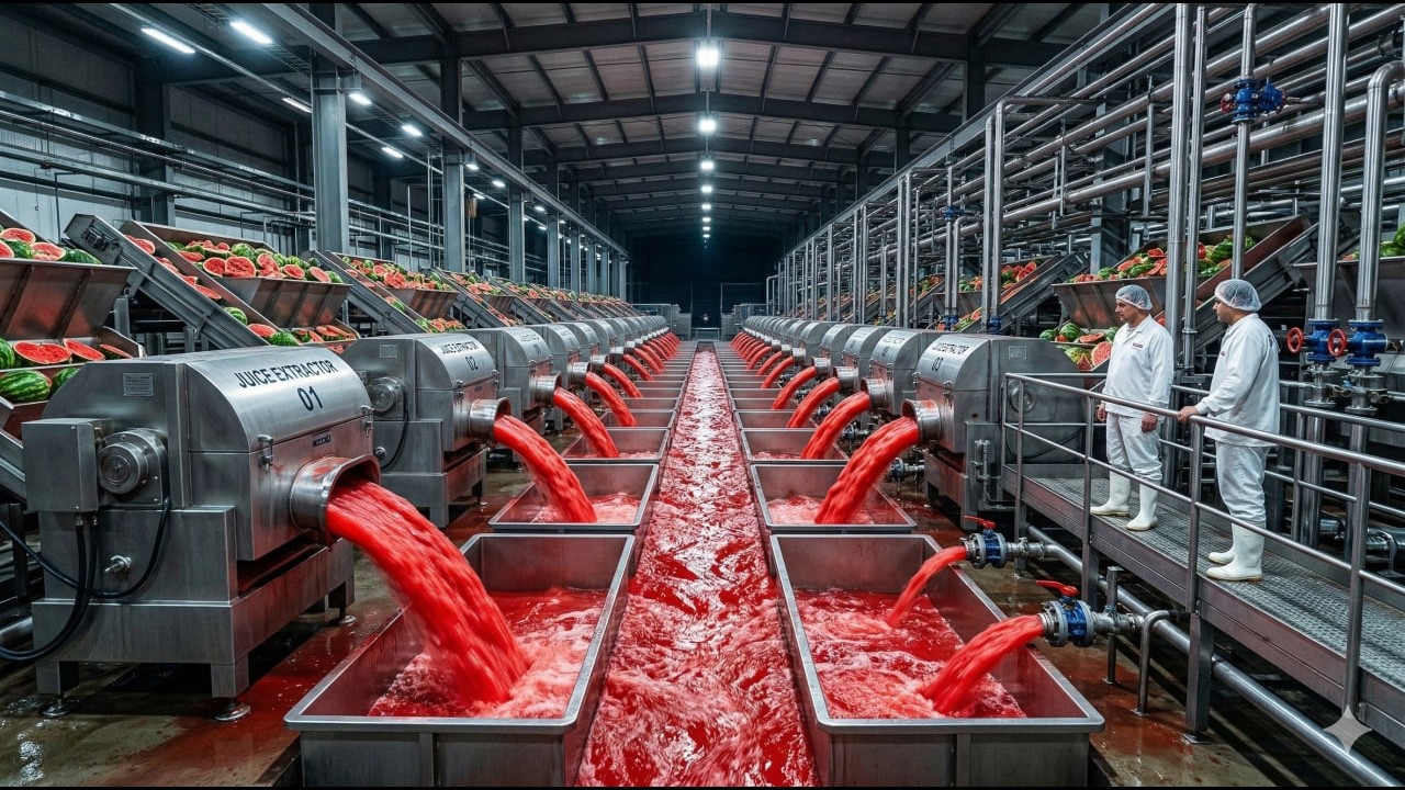 Inside a Watermelon Factory – (Full Process) How Millions of Juice Bottles Are Made