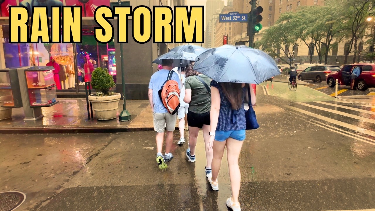 Exploring Manhattan In Heavy Rain and Lightning | NYC Walking Tour in The Rain
