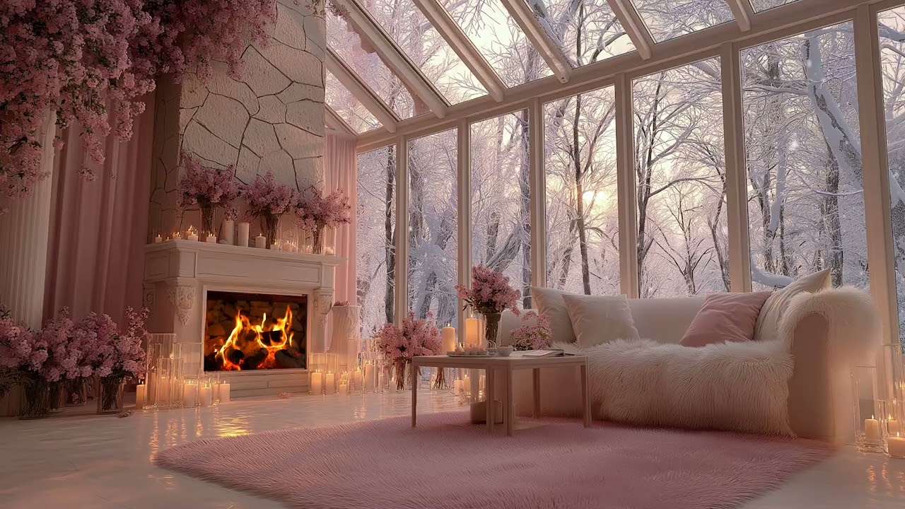 Cozy Romantic Winter Room Ambience with Fireplace Glow and Soft Snow Outside the Window