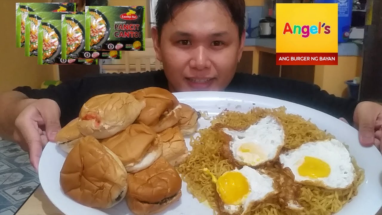 Pancit canton (5 packs) and Angel's burger (5 orders) Challenge | Filipino mukbang