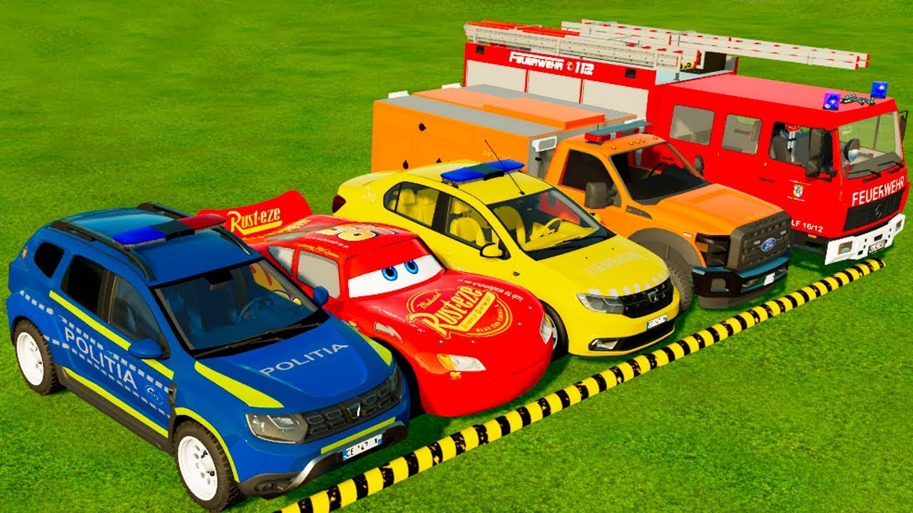 tRANSPORTING CARS, AMBULANCE, POLICE CARS, FIRE TRUCK OF COLORS! WITH TRUCKS! - FS 22 2