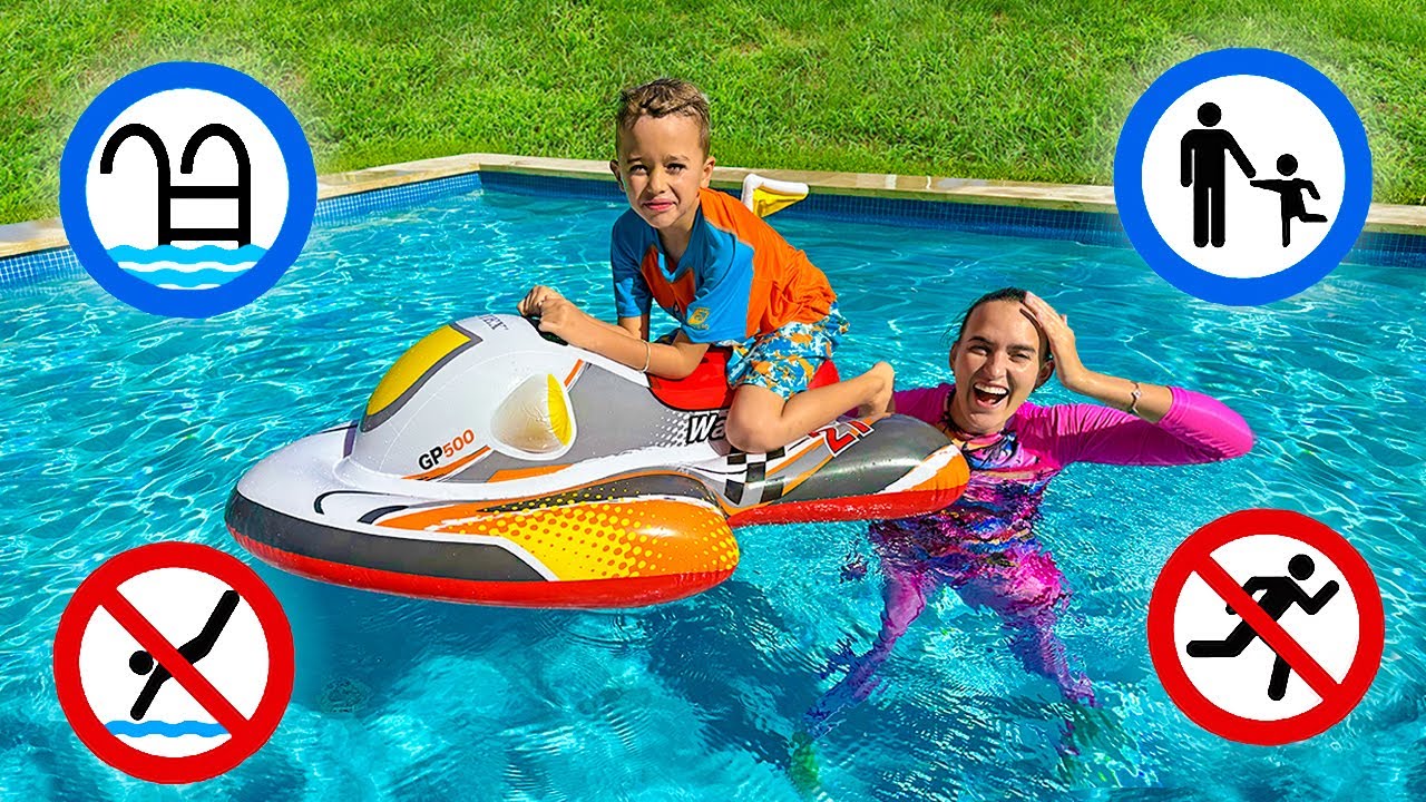 Влад и Ники показывают правила безопасности в бассейне.