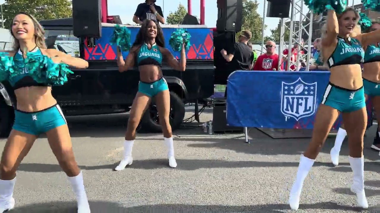 Roar of the Jaguars Cheerleaders performing outside Spurs Stadium, 8 October 2023.