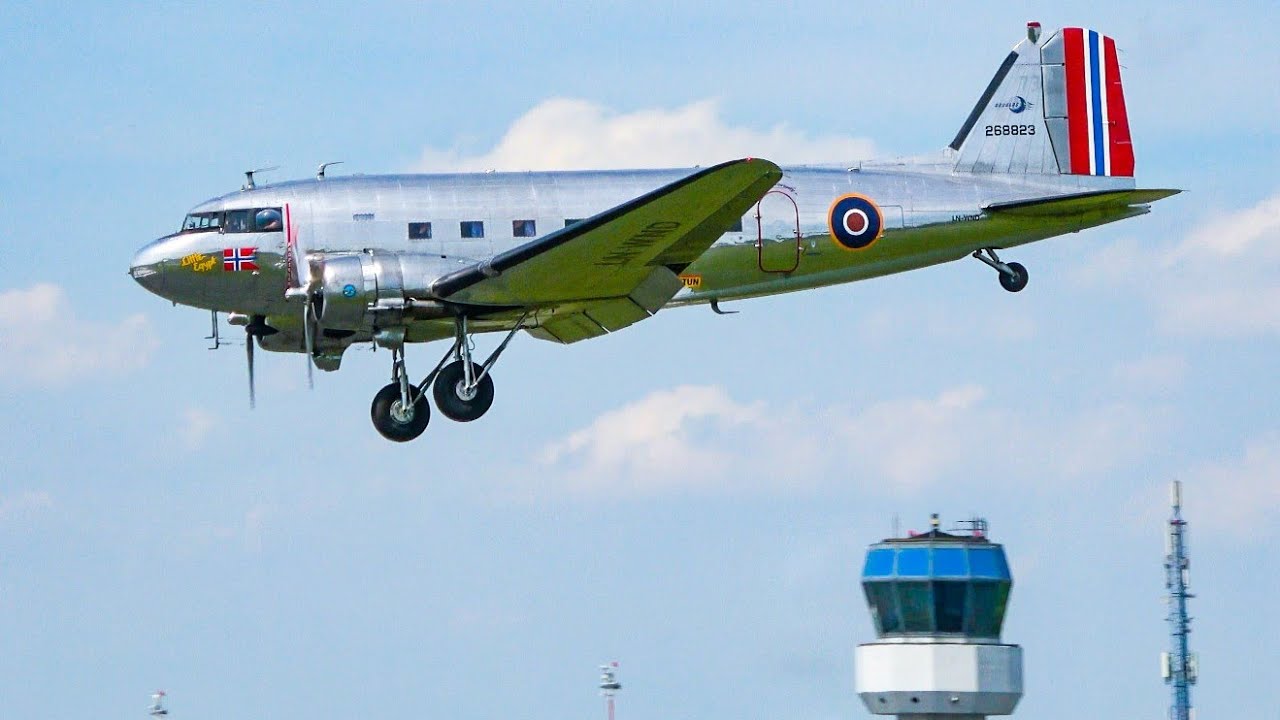 (4K) Shiny Dakota Norway Douglas DC-3 landing and take off at Groningen airport Eelde
