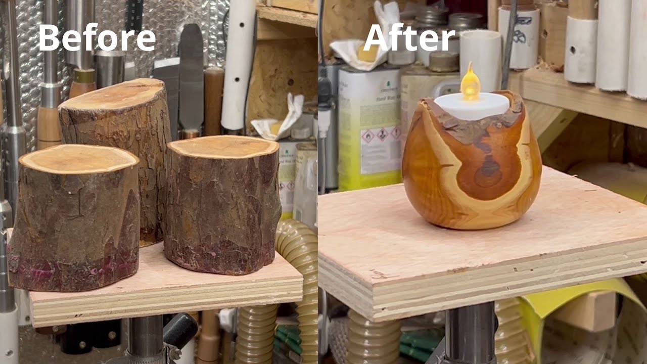 Woodturning a live edge Yew tea light holder