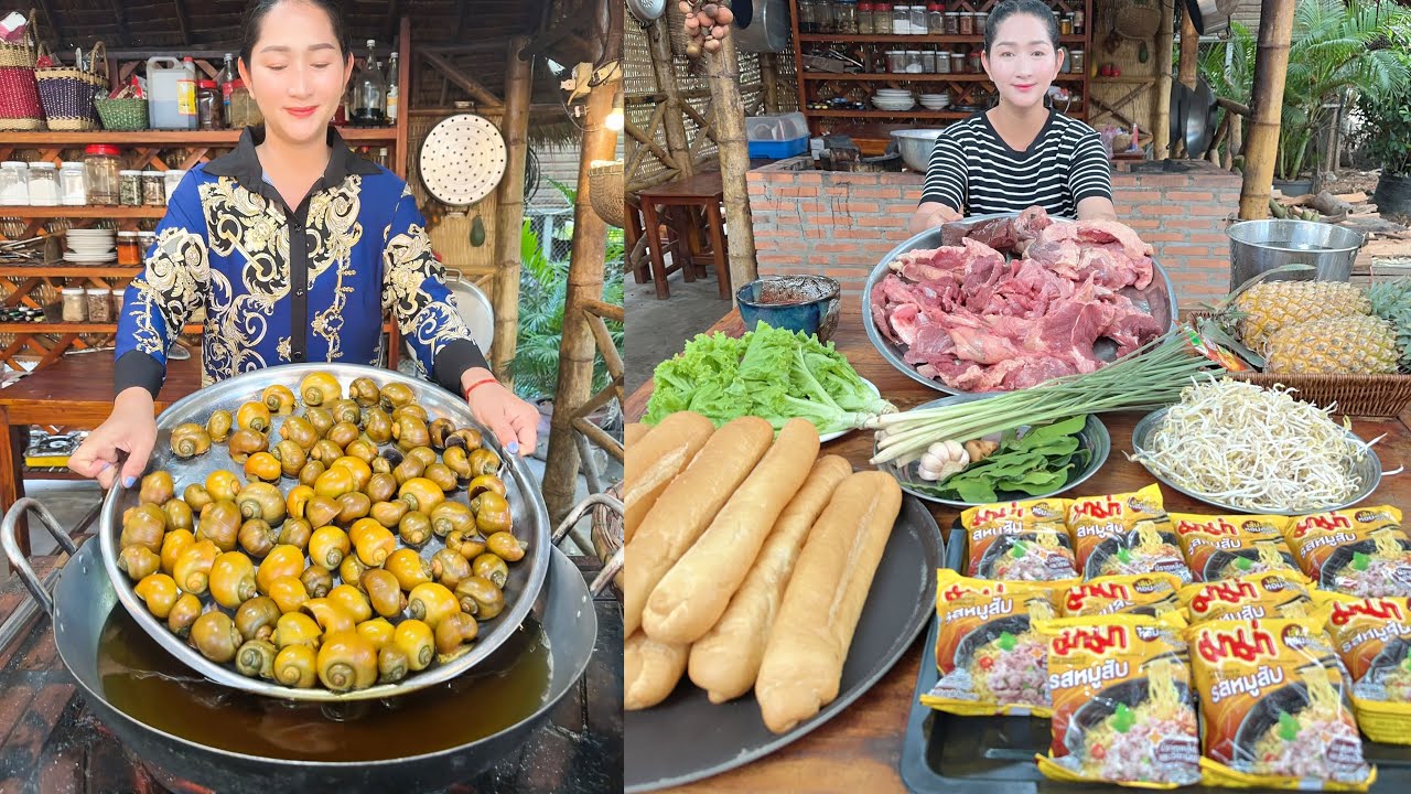 Mommy chef Sros cooking: Yummy chicken fry, Japan snail fry, Beef sweet soup, Fish noodle soup