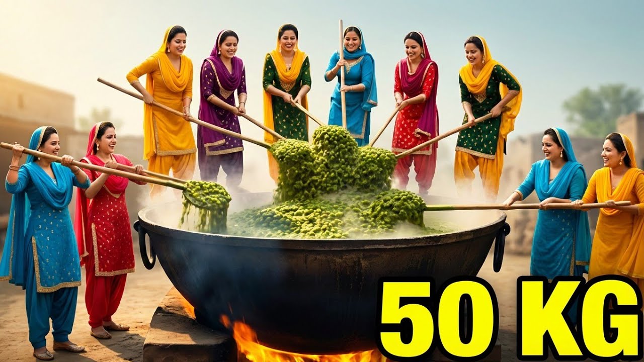  Giant Saag Feast! 50KG Desi Saag & Makki Ki Roti | Punjabi Village Women Cooking Together 