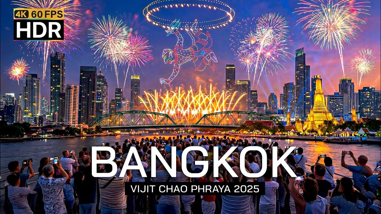 🇹🇭 4K HDR | Vijit Chao Phraya 2025 Drone show and fireworks show - Amazing Bangkok View at night