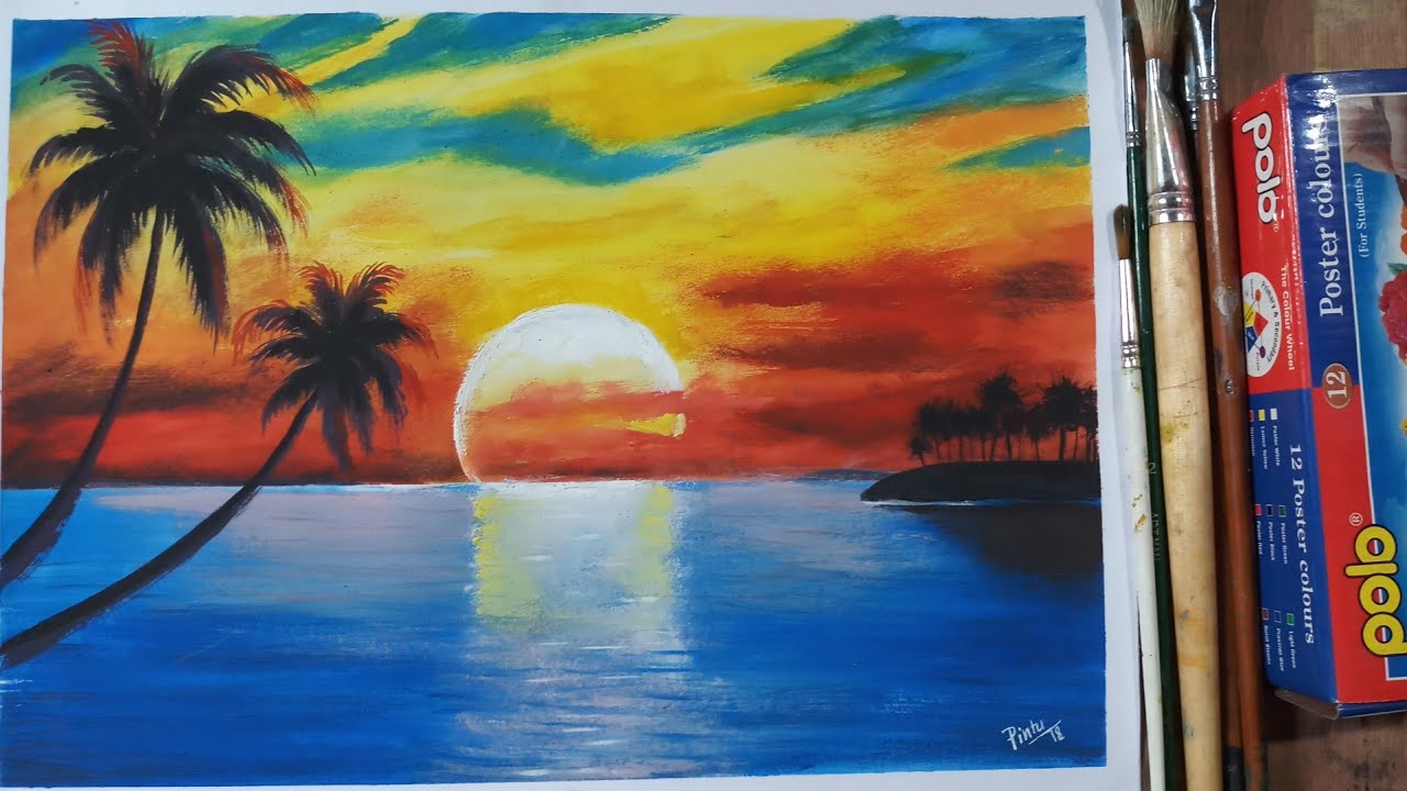 How to paint a sunset scenery with Poster Colour