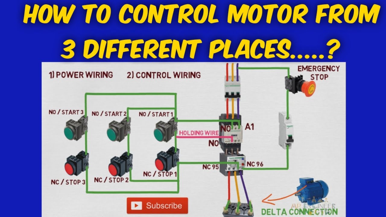 How to control 3 phase motor from 3 different places | DOL starter control wiring for remote