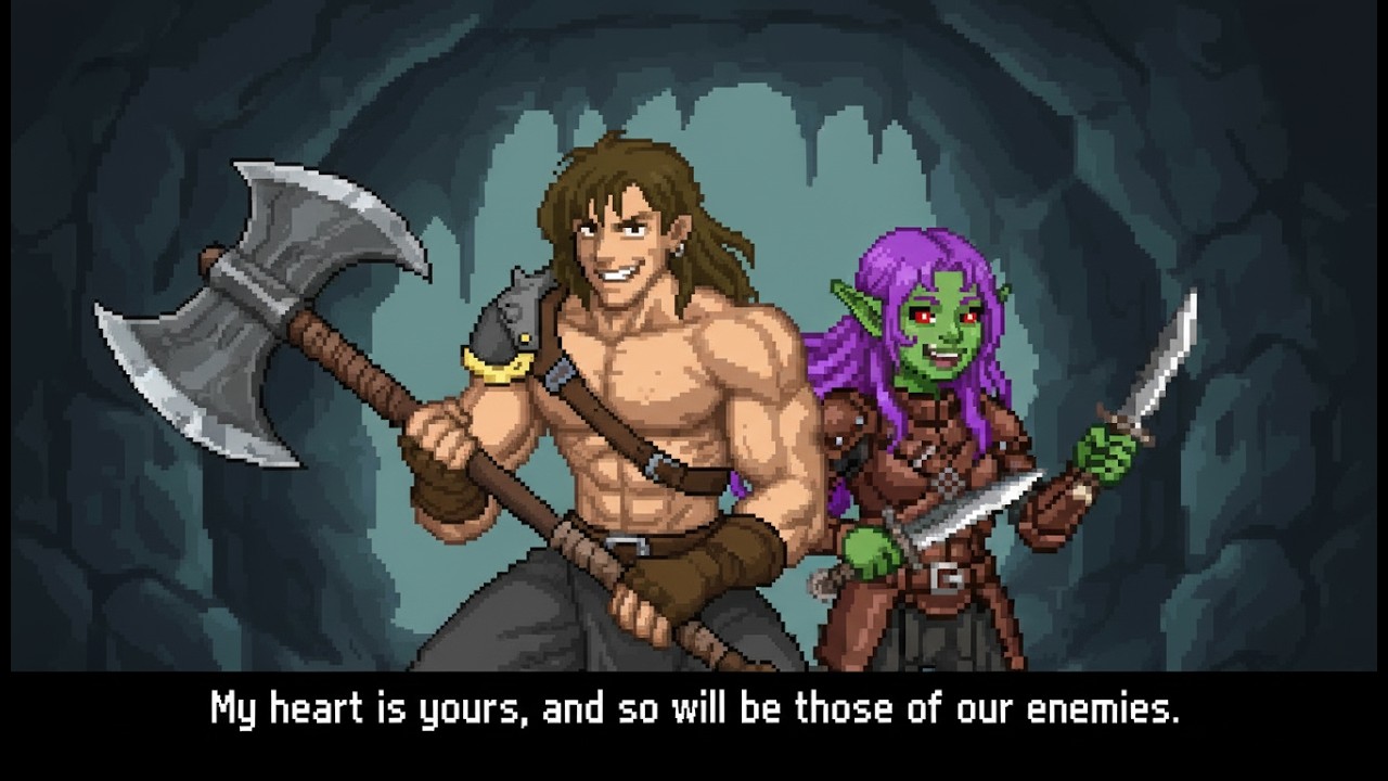 Barbarian Husband and Goblin Wife in BG3 (highlights) : baguette, pyrobarbare and oily muscles