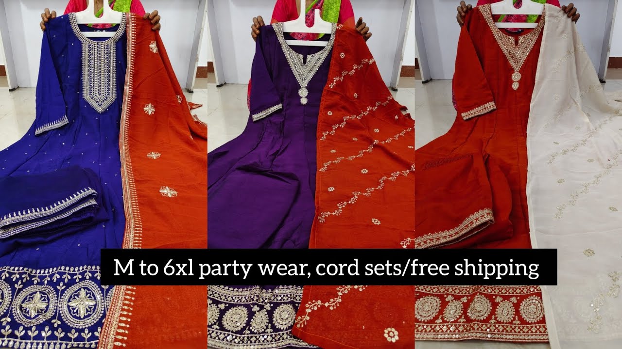 M to 6xl party wear anarkali suits, tops nd dupatta sets, rayon cord sets
