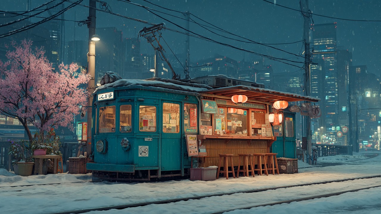 Snowy Tram Café Refuge | 4 Hour Tokyo Winter Night Ambience ❄️ Sakura Lantern Street