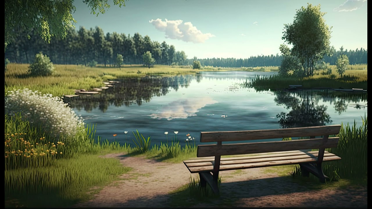 Escape to Summer Serenity Ambience: Relaxing on a Park Bench by the Lake with Birds Chirping