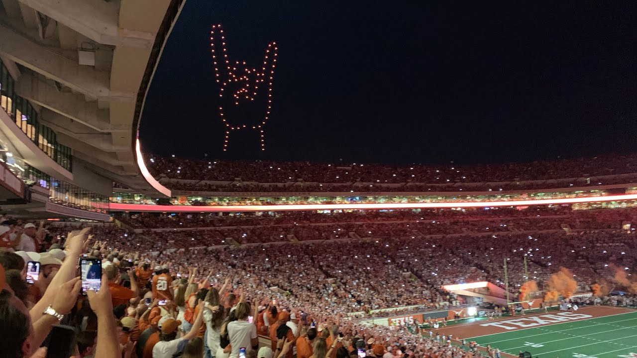Airborne Drones at University of Texas Longhorns football game on September 16, 2023 above DKR