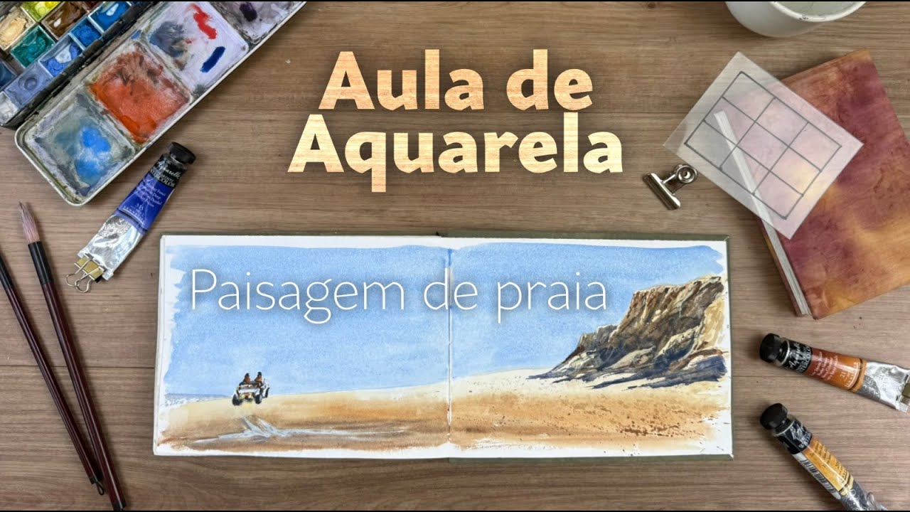 Aula completa aquarela de Praia e Falésia - Tutorial paisagem em aquarela - Sketchbook tour
