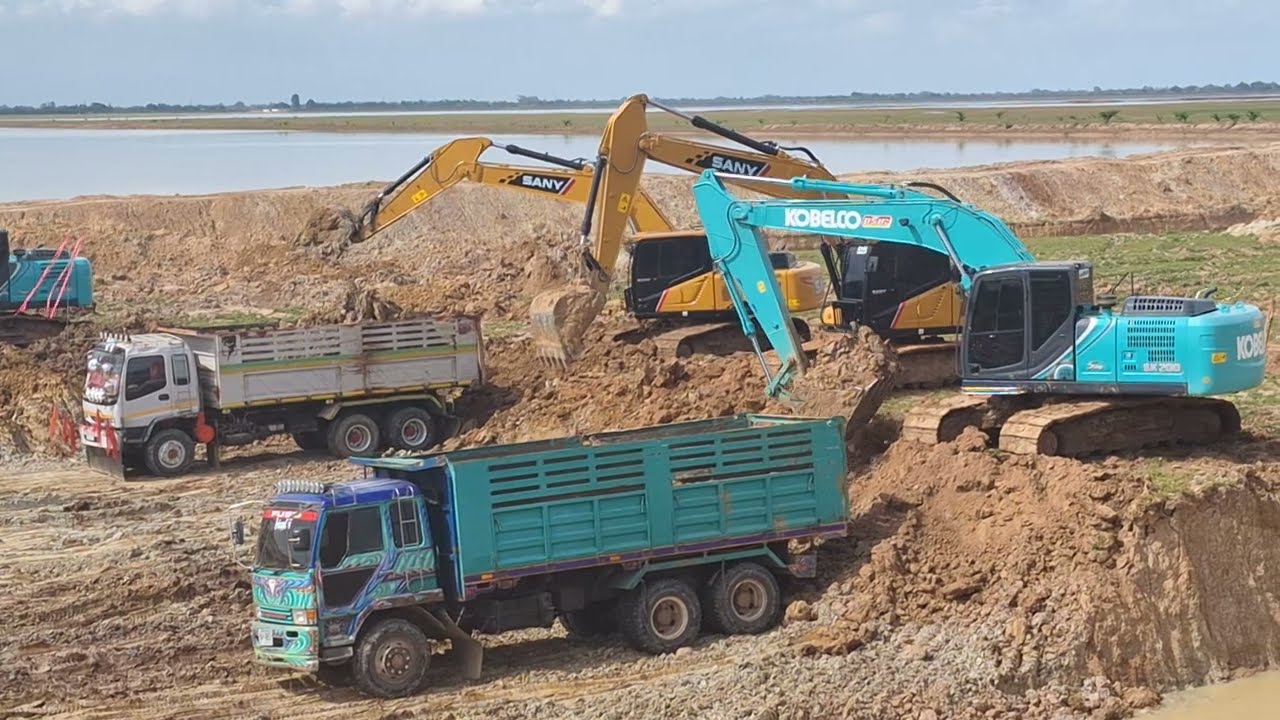 รีวิว รถสิบล้อดั้มเป็นสิบ งานขุดลอกอ่างเก็บน้ำ เจอทางชันหนีด รถขุดหกคัน เร่งงาน excavator and truck