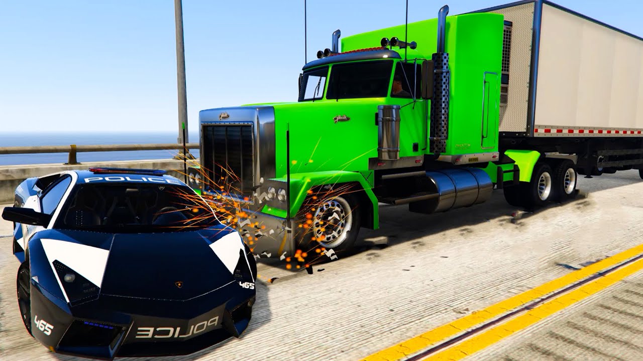 Big Trucks with Trailers Jumping into the Water & Police Chase - GTA 5 Cars mod