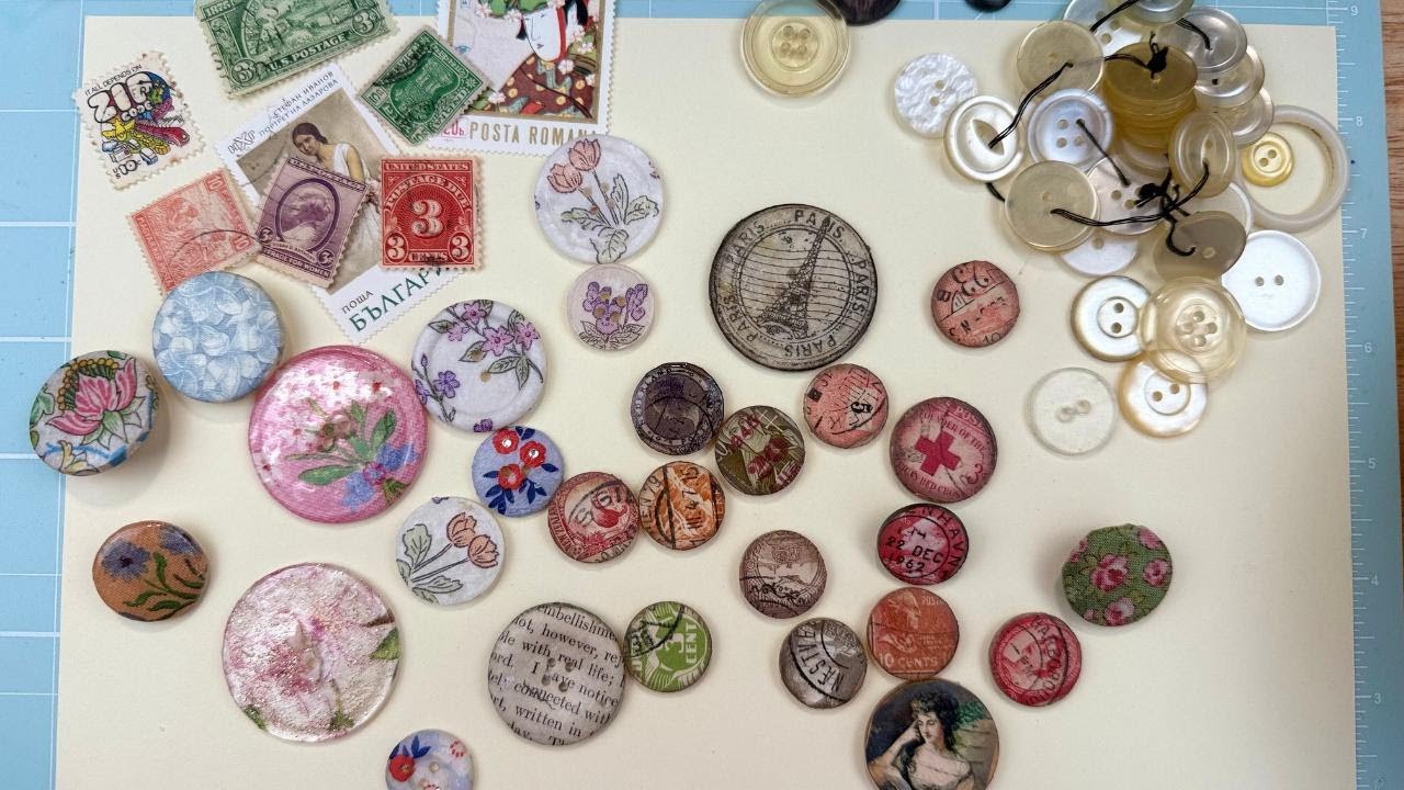 Altered Buttons using Vintage Postal Stamps, Napkins, & More~DIY Tutorial