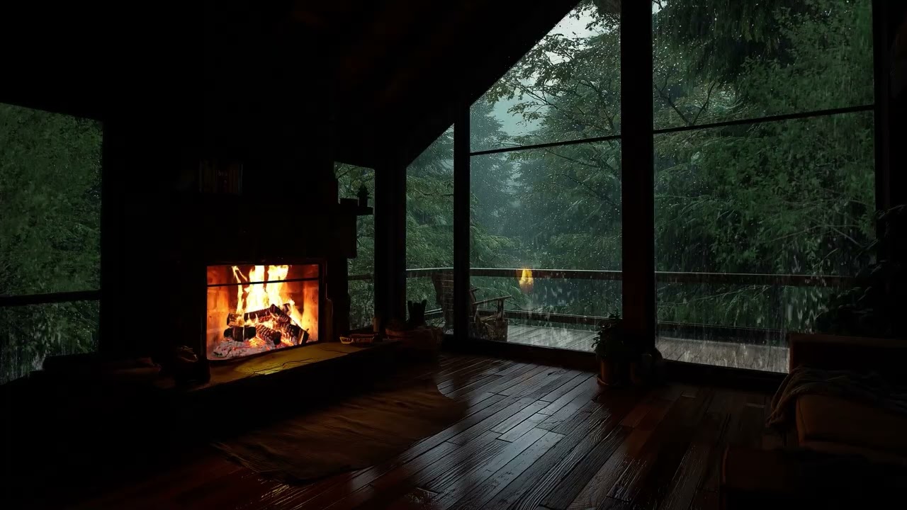 Heavy Rain Sleep ASMR 🌧️ Cozy Fireplace Ambience for Better Sleep & Calm Mind