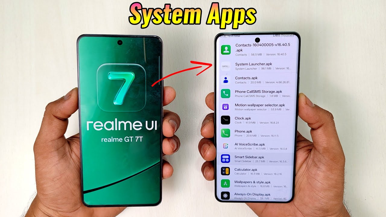 Системные приложения realme UI 7.0: realme Dialer, System Launcher, Game Assistant, Calculator & ...