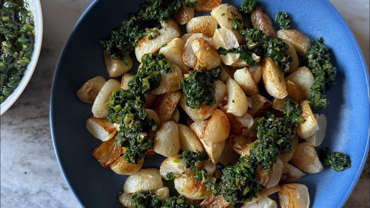 Roasted Turnips and Greens? Sounds Delicious. (Full recipe in caption)