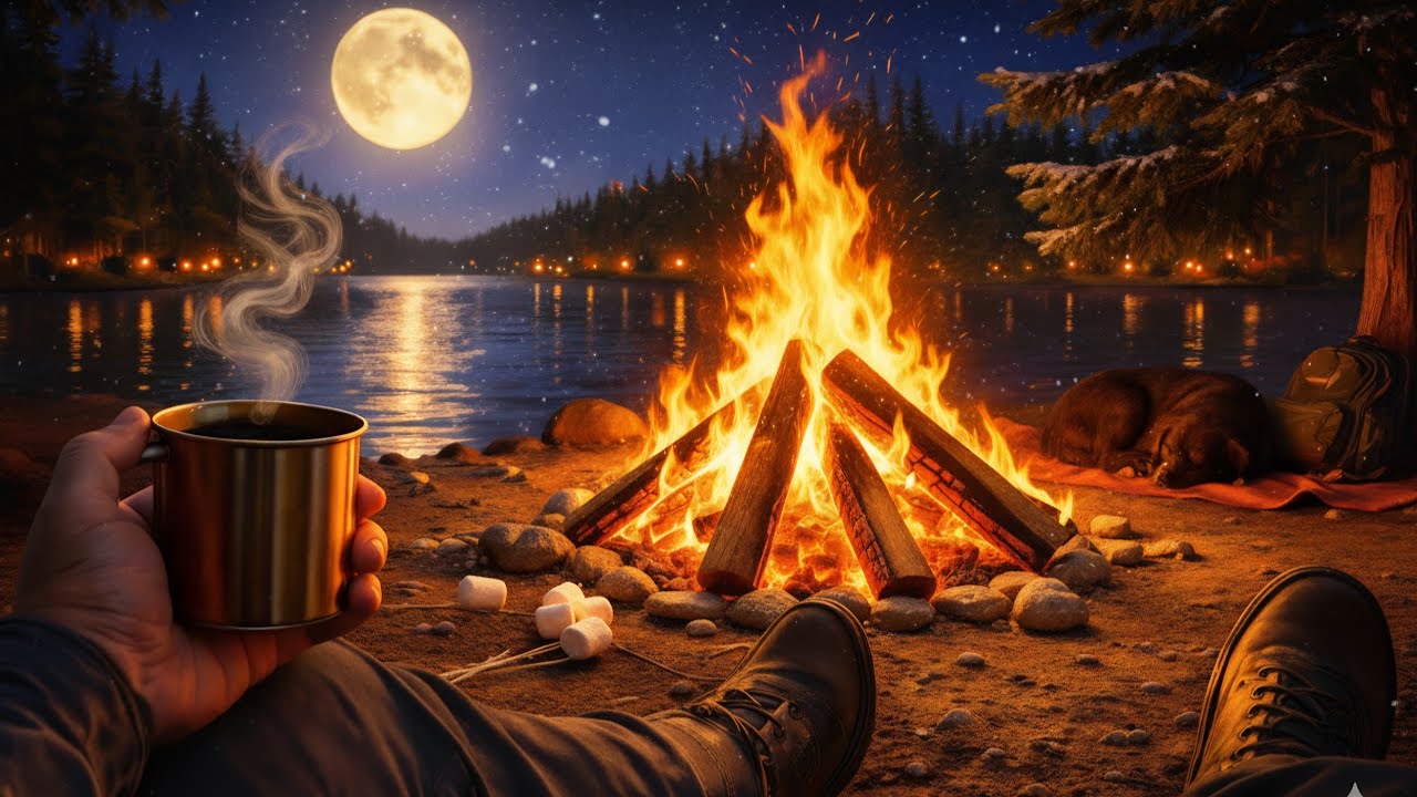 ​POV: Campfire 🔥 + Gentle Wind Ambience 🍃🌲 | Nighttime Lakeside Deep Sleep (4K) 🌙