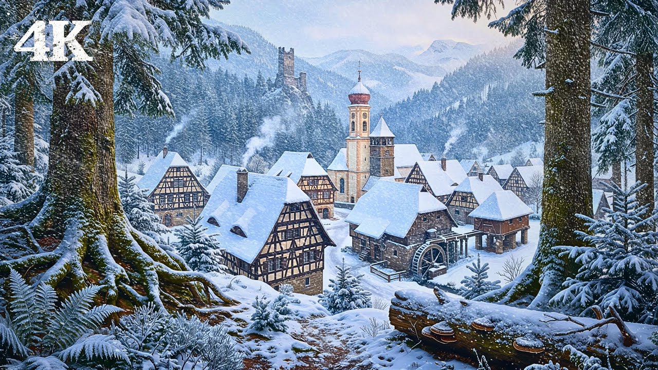 Hidden Winter Forest Village | Heal Your Tired Soul with Forest Birds, Tree Creaking & Falling Snow