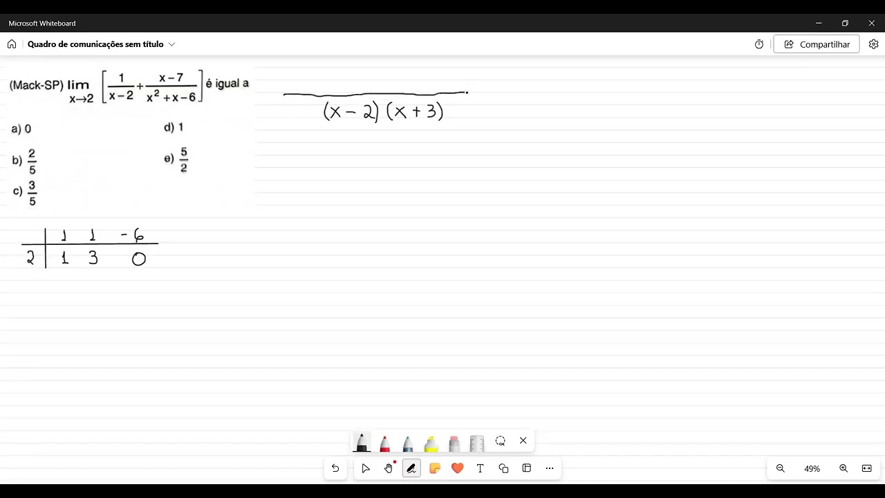 (Mack-SP) lim x → 2 [1/(x - 2) + (x - 7)/(x² + x - 6)] é igual a