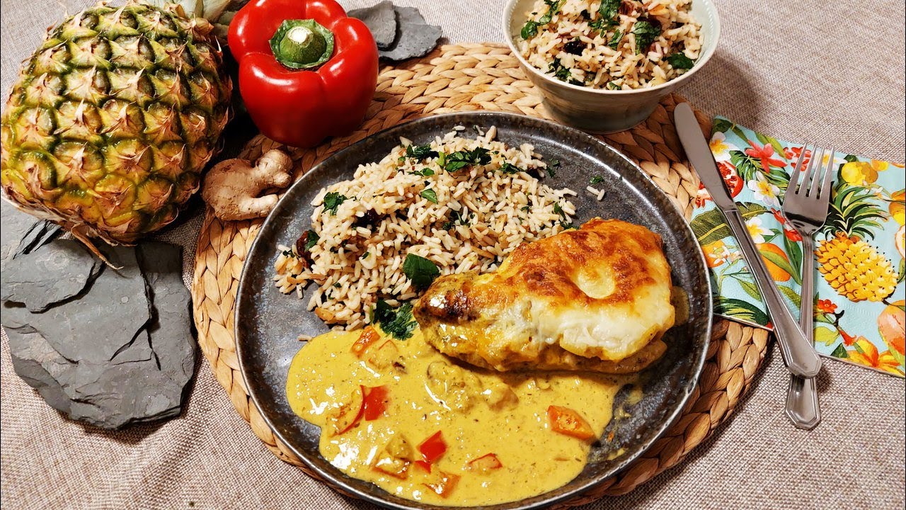 Schnitzel Hawaii mit Currysoße und exotischem Reis. Unser Lieblingsrezept! Schnell und einfach!