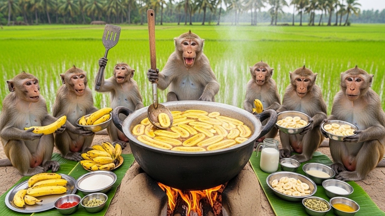 Monkeys Made Sweet Banana Dessert 🍌🔥 | Monkey Cooking Video