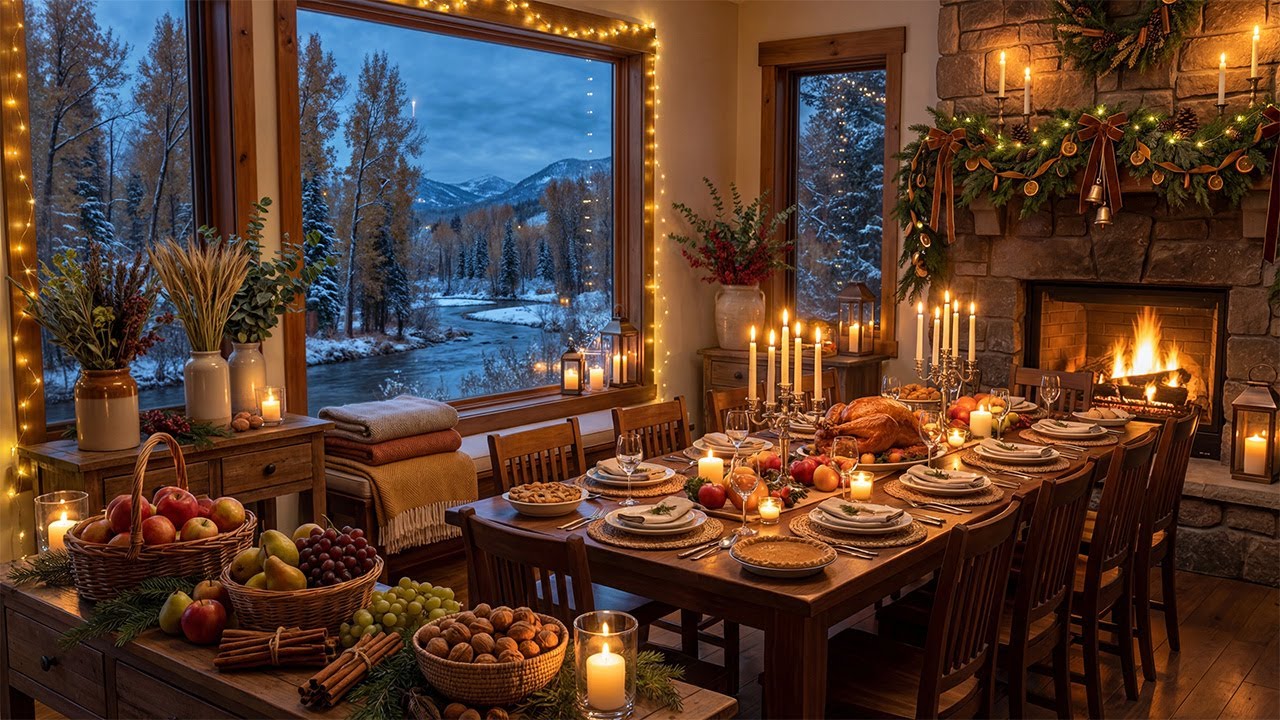 Cozy Thanksgiving Dinner Ambience 🦃🍁❄️ Warm Fireplace & Early Winter Cabin Atmosphere