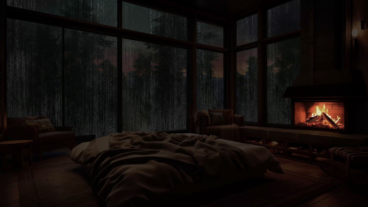 Noite de chuva na floresta tropical em cabana aconchegante com lareira e sons relaxantes