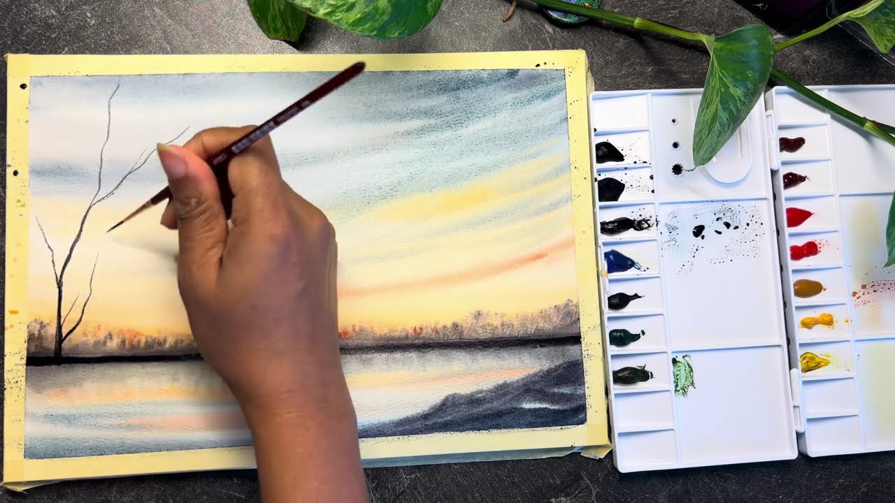  🌅 Calm Reflections | Peaceful Watercolor Sunset Landscape by @thulasipriyesh 