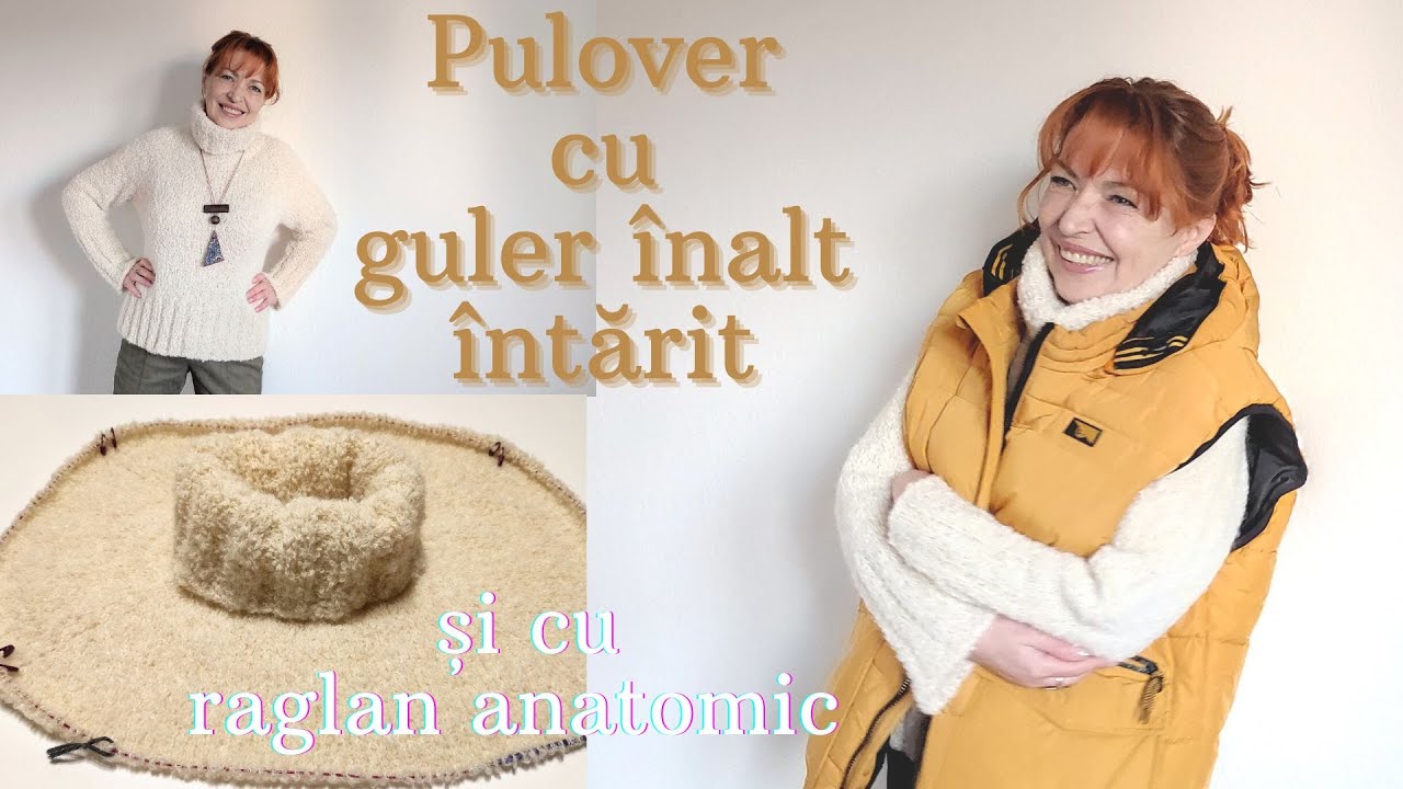 Pulover cu raglan anatomic si guler inalt lucrat de sus in jos