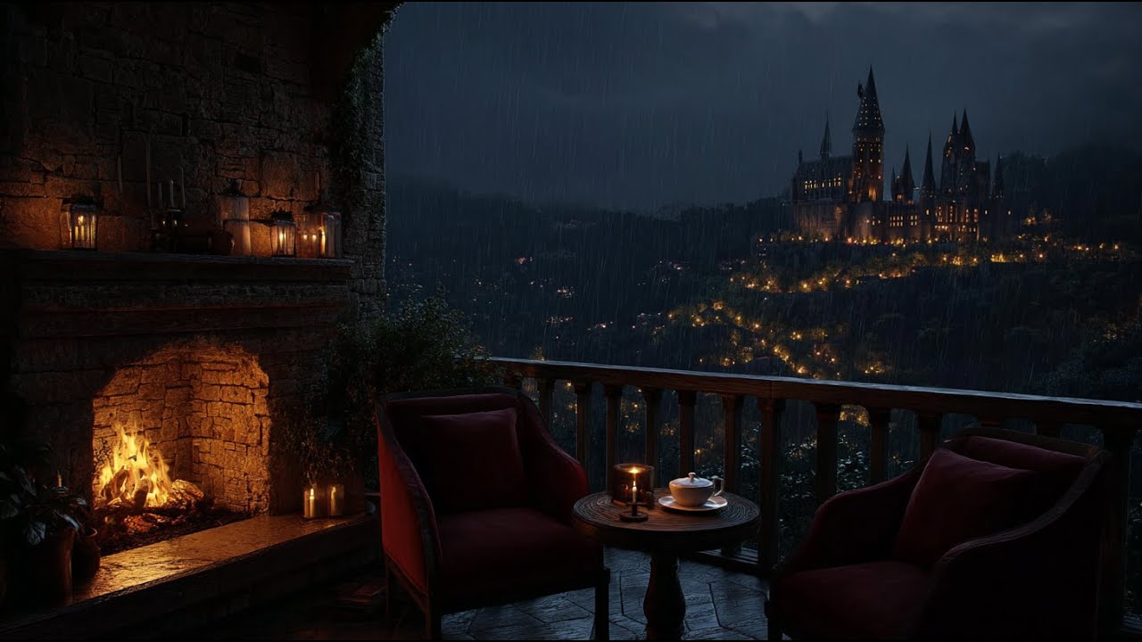 Rainy Castle Balcony Ambience with Fireplace for Deep Sleep, Relaxation and Anxiety Relief